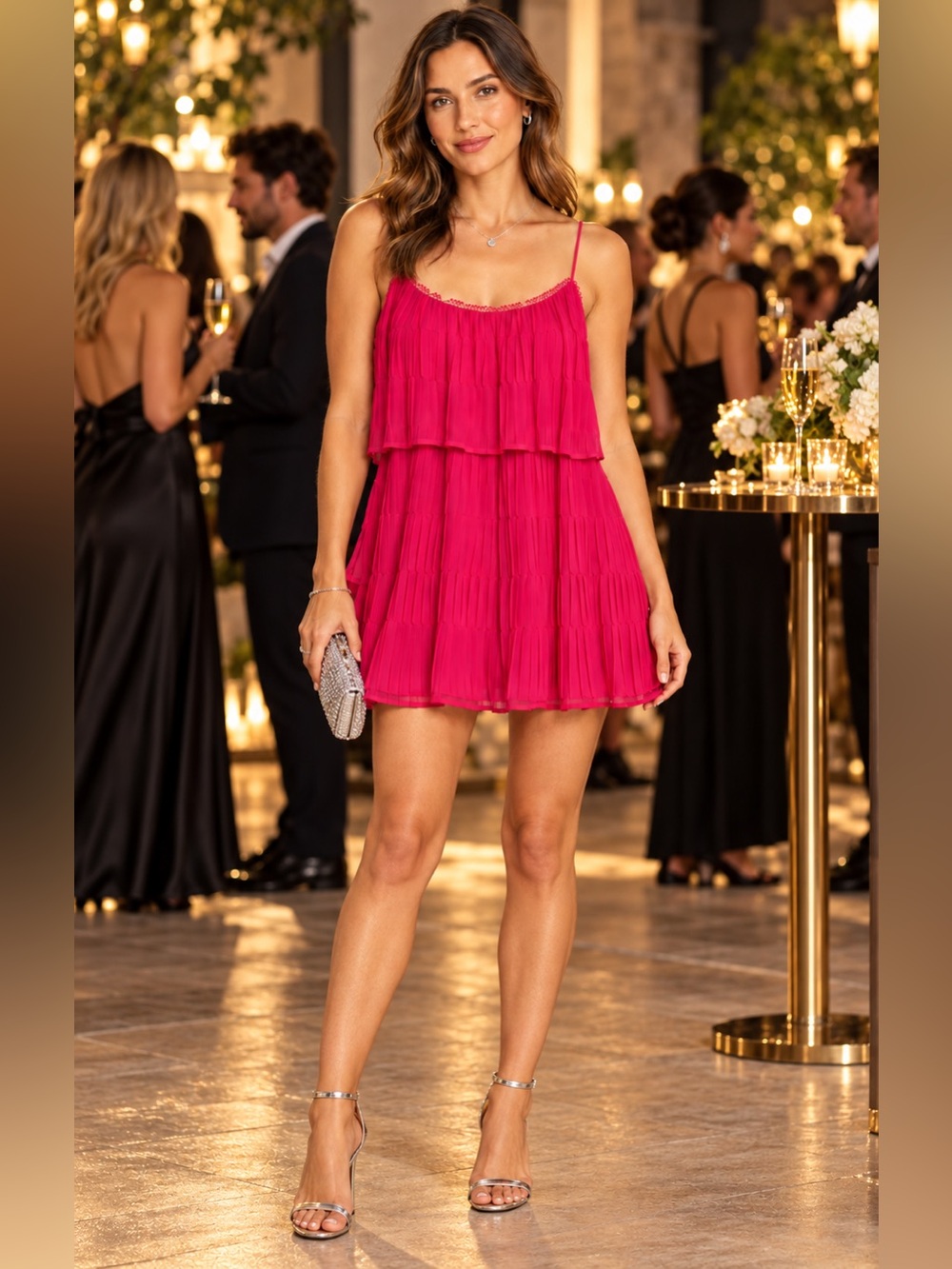 Anthropologie Moon River Coquette Girl Fuchsia Pleated Tiered Mini Dress Size L